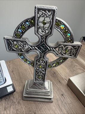 Ornate Celtic Cross Decorative Figurine with Green Rhinestones